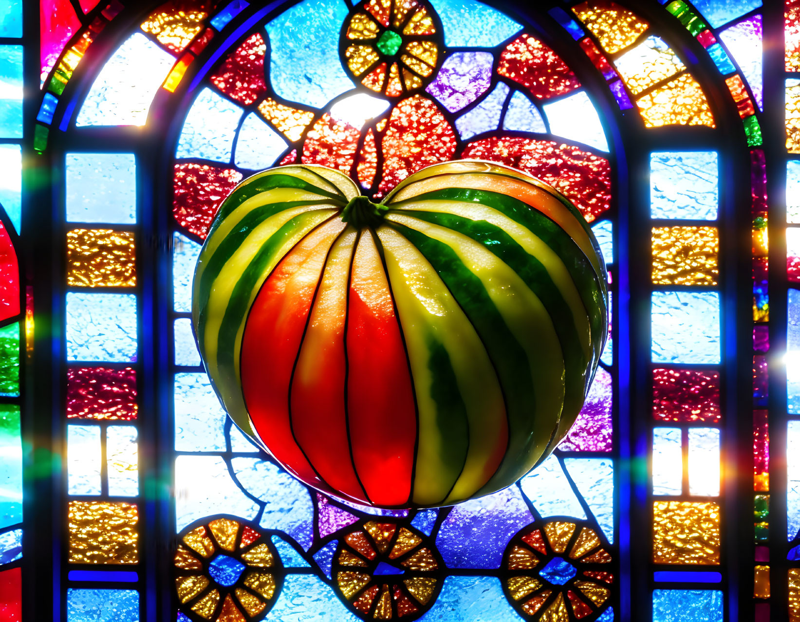 Colorful Stained Glass Window with Orange and Green Heart Shape