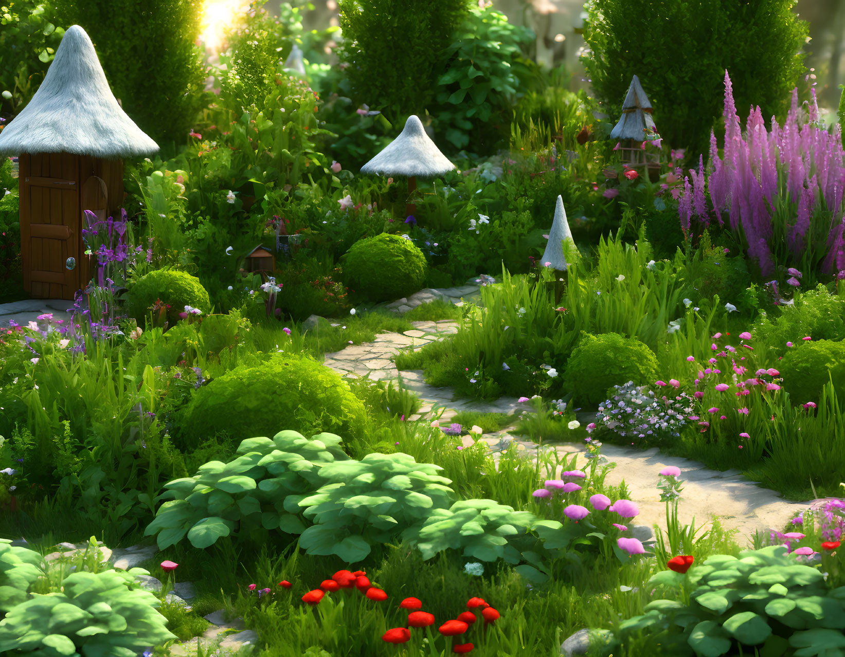 Enchanting garden with lush greenery and whimsical mushroom houses