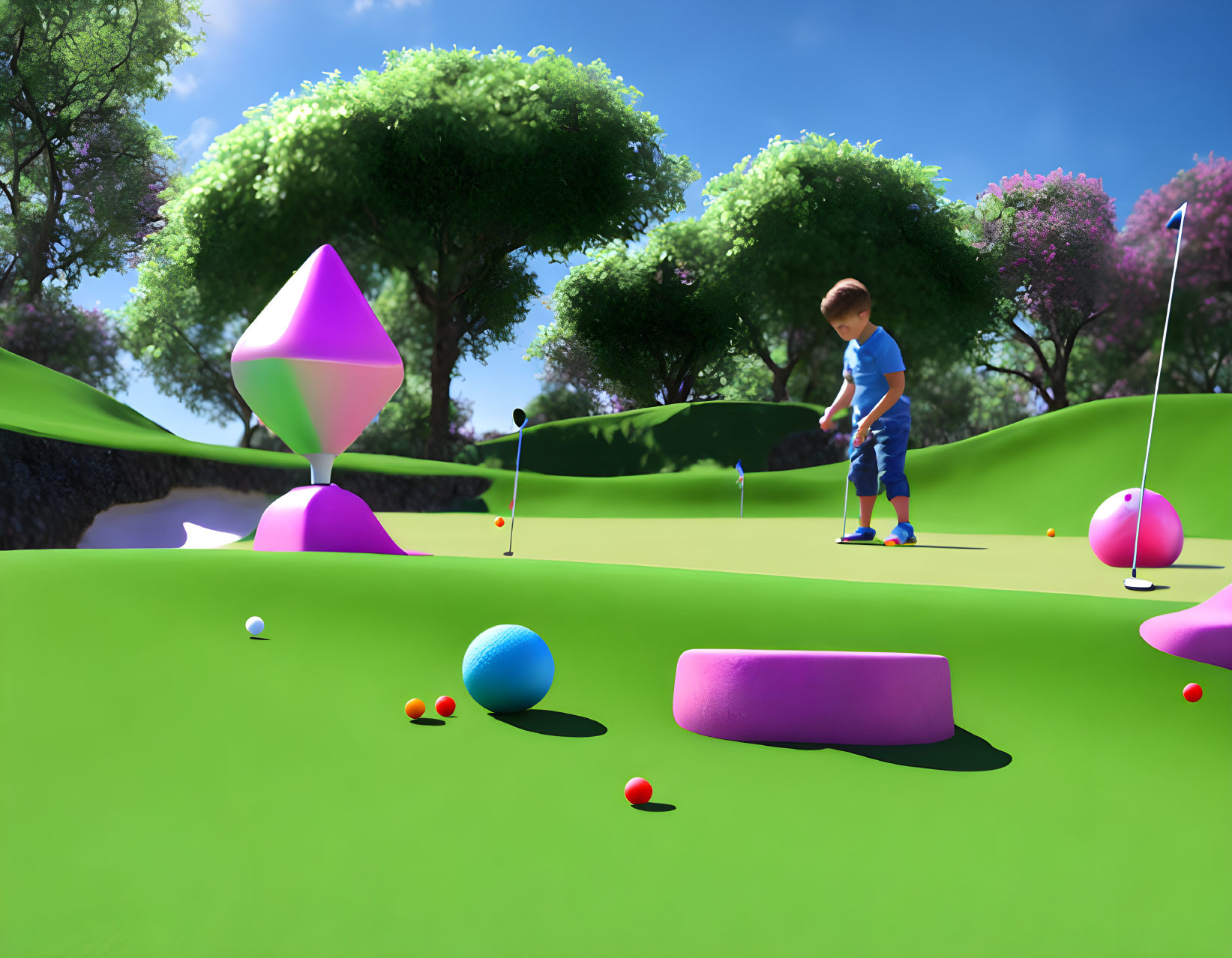 Child playing on surreal miniature golf course with oversized colorful shapes