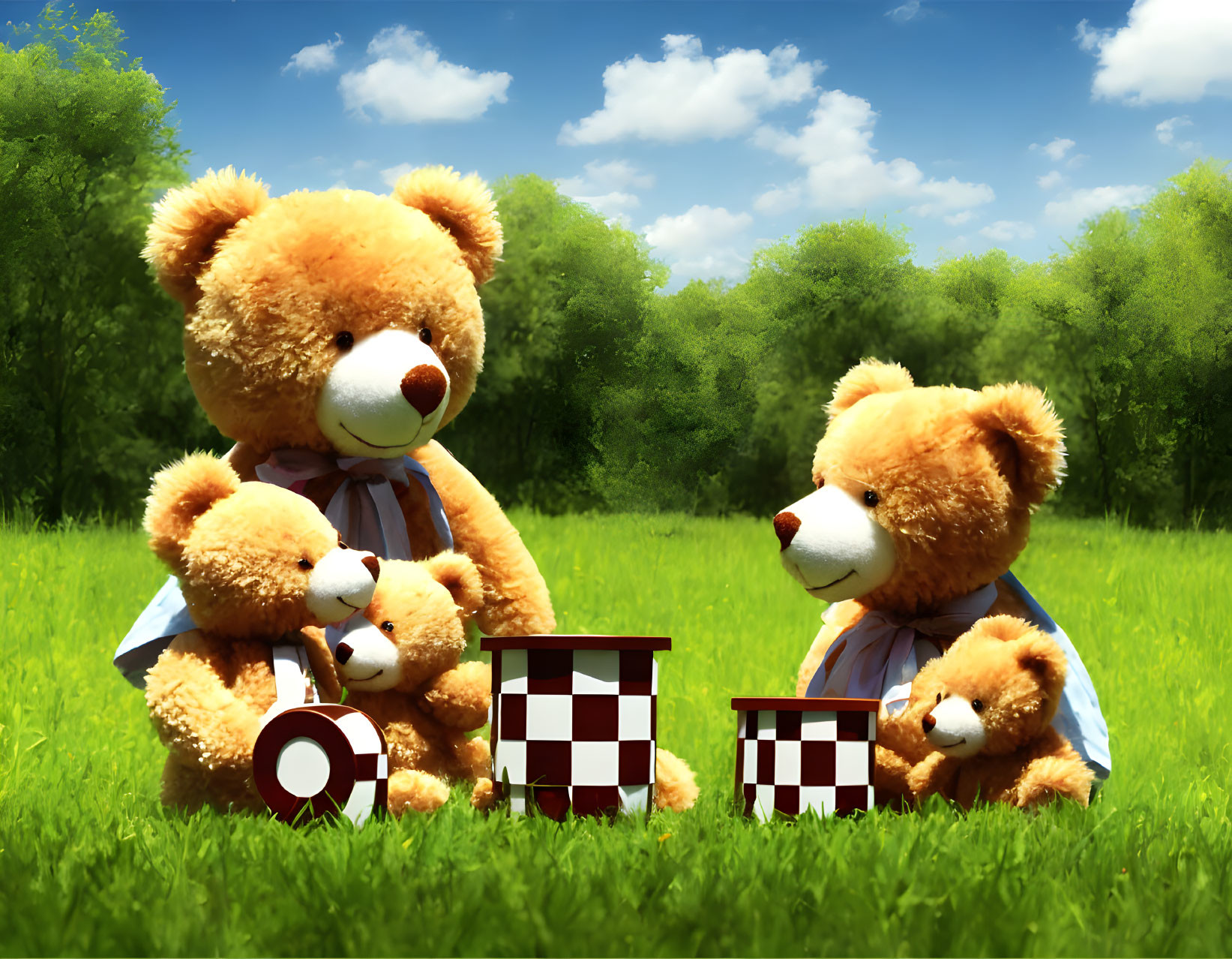 Four teddy bears picnic with drum and ball in sunny field