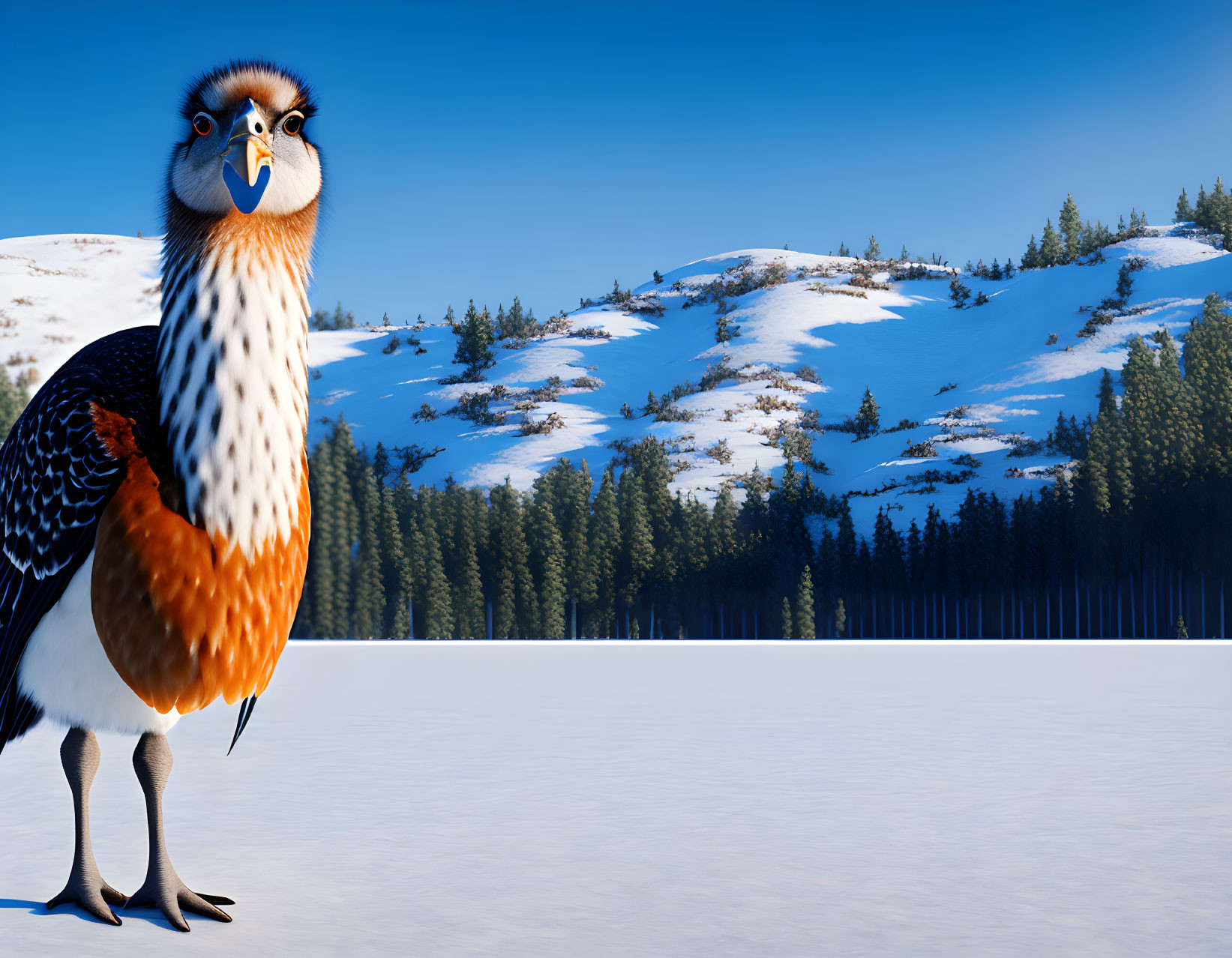 Cartoonish bird in snowy landscape with hills and pine trees