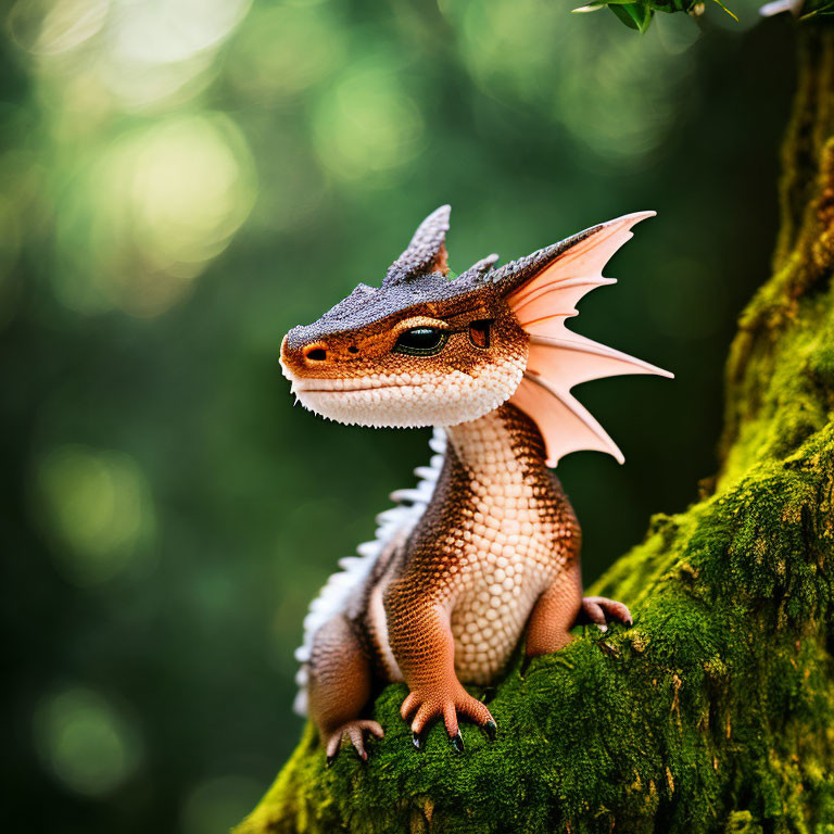 Detailed Toy Dragon Perched on Mossy Branch in Blurred Forest Setting