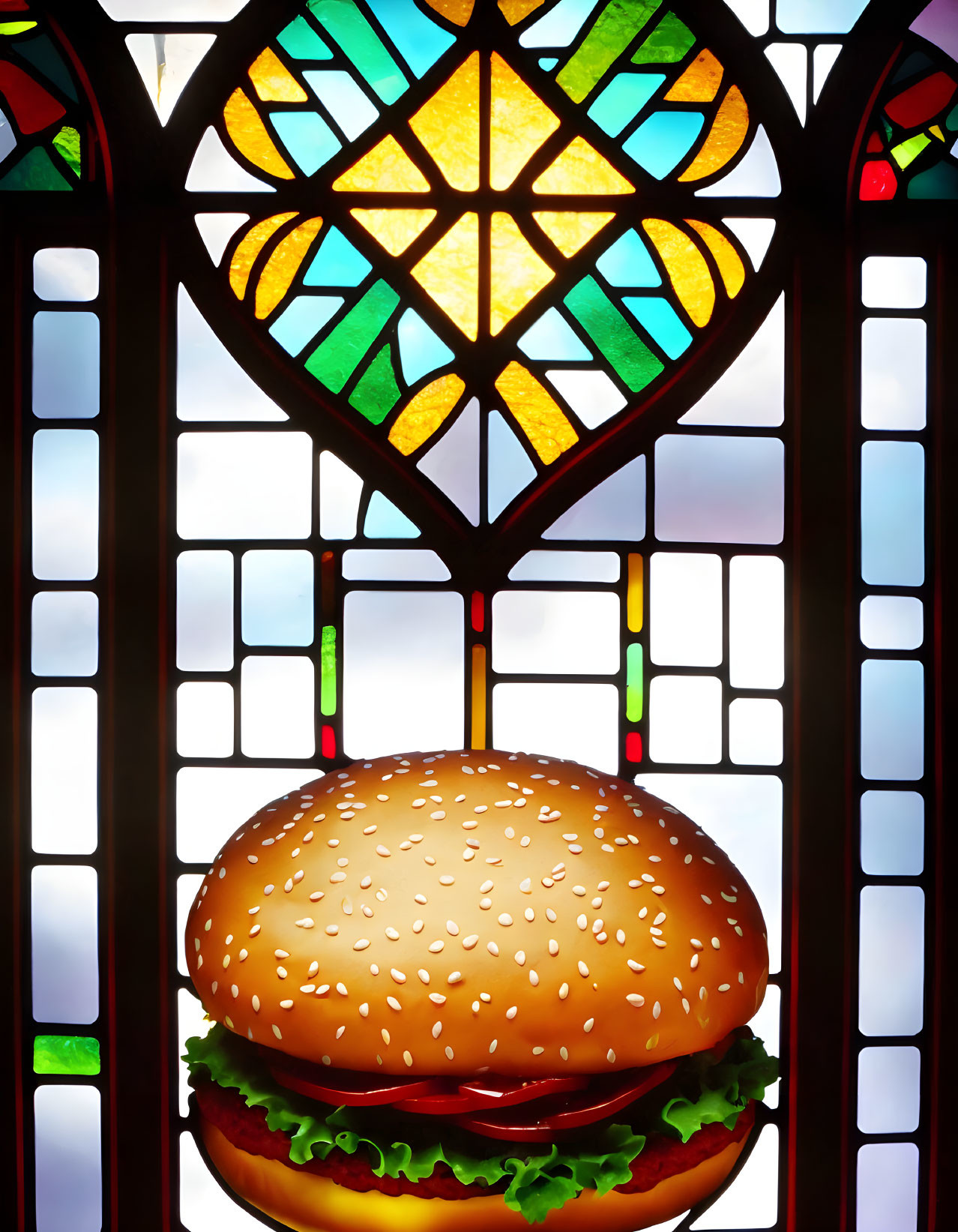 Sesame Seed Hamburger with Lettuce and Tomato by Colorful Star Stained Glass