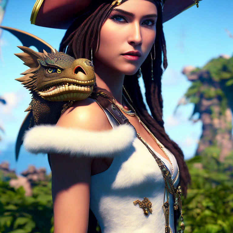 Digital Art: Woman with Pirate Theme and Dragon on Shoulder in Tropical Setting