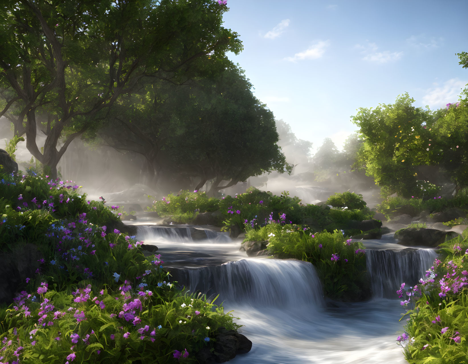 Tranquil waterfall surrounded by greenery and purple flowers