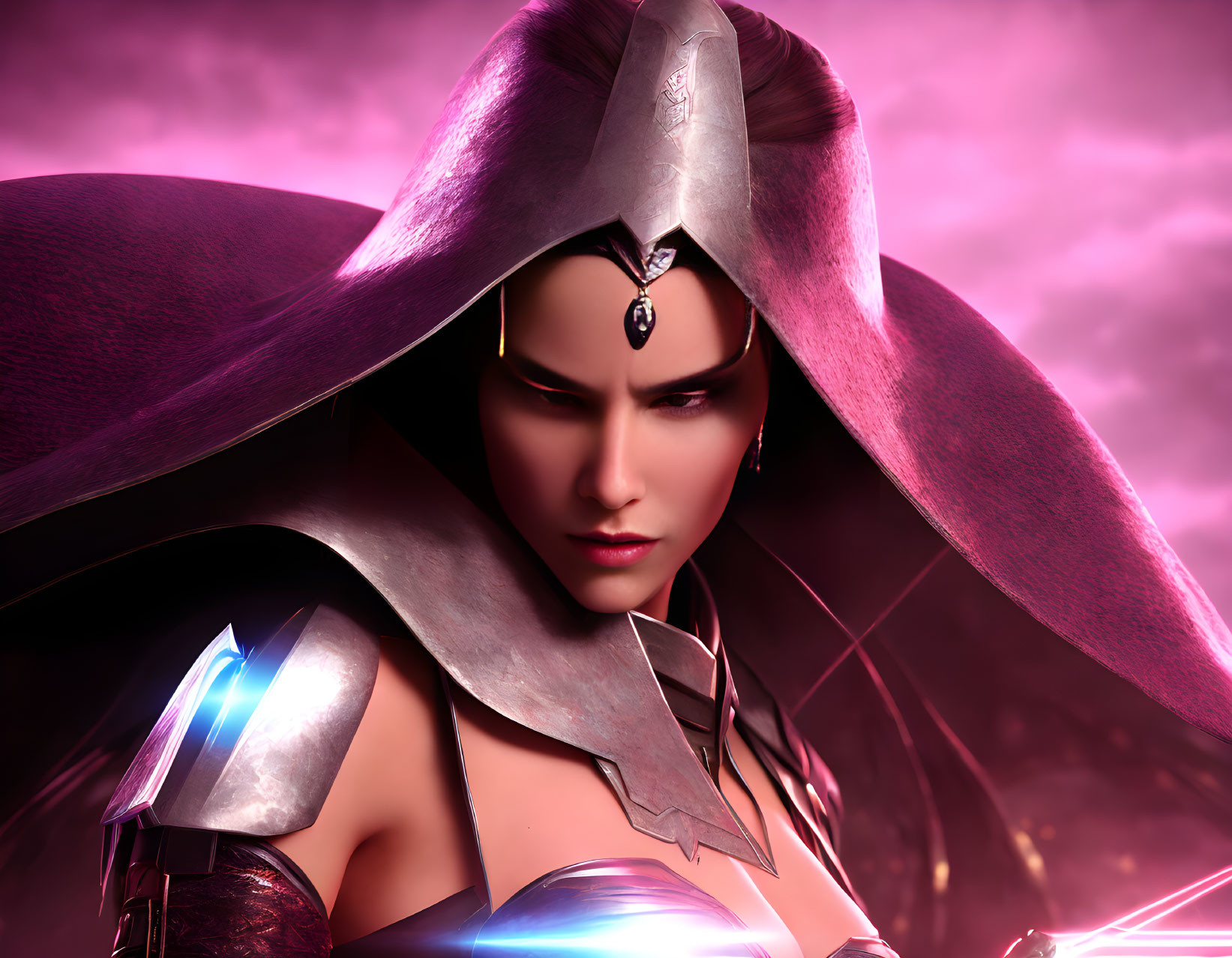 Female warrior in fantasy armor with hood on pink backdrop.