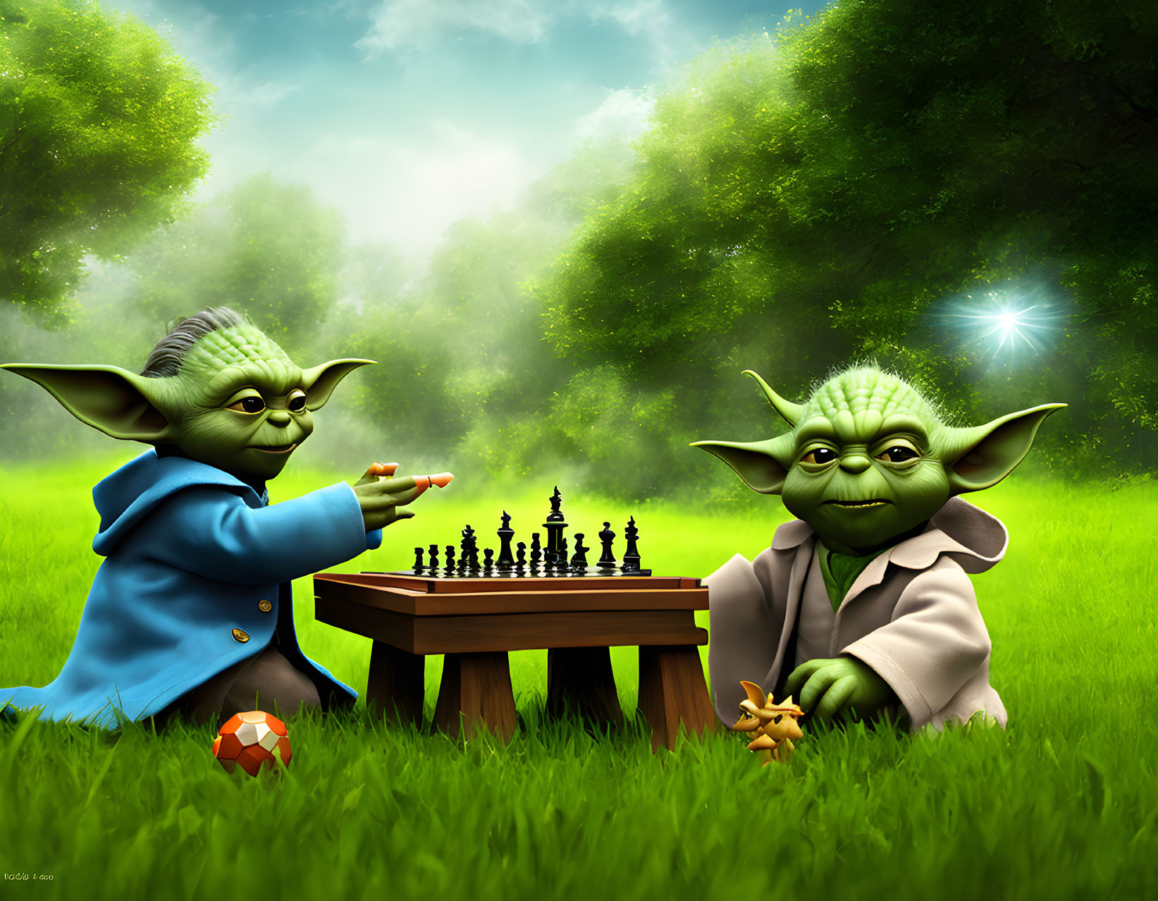 Green meadow chess game with Yoda-like characters and soccer ball