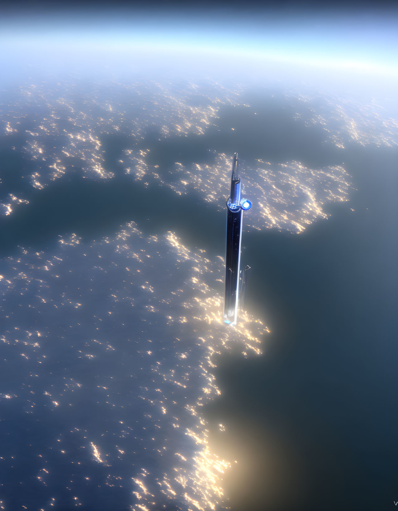 Futuristic space elevator above planet with city lights