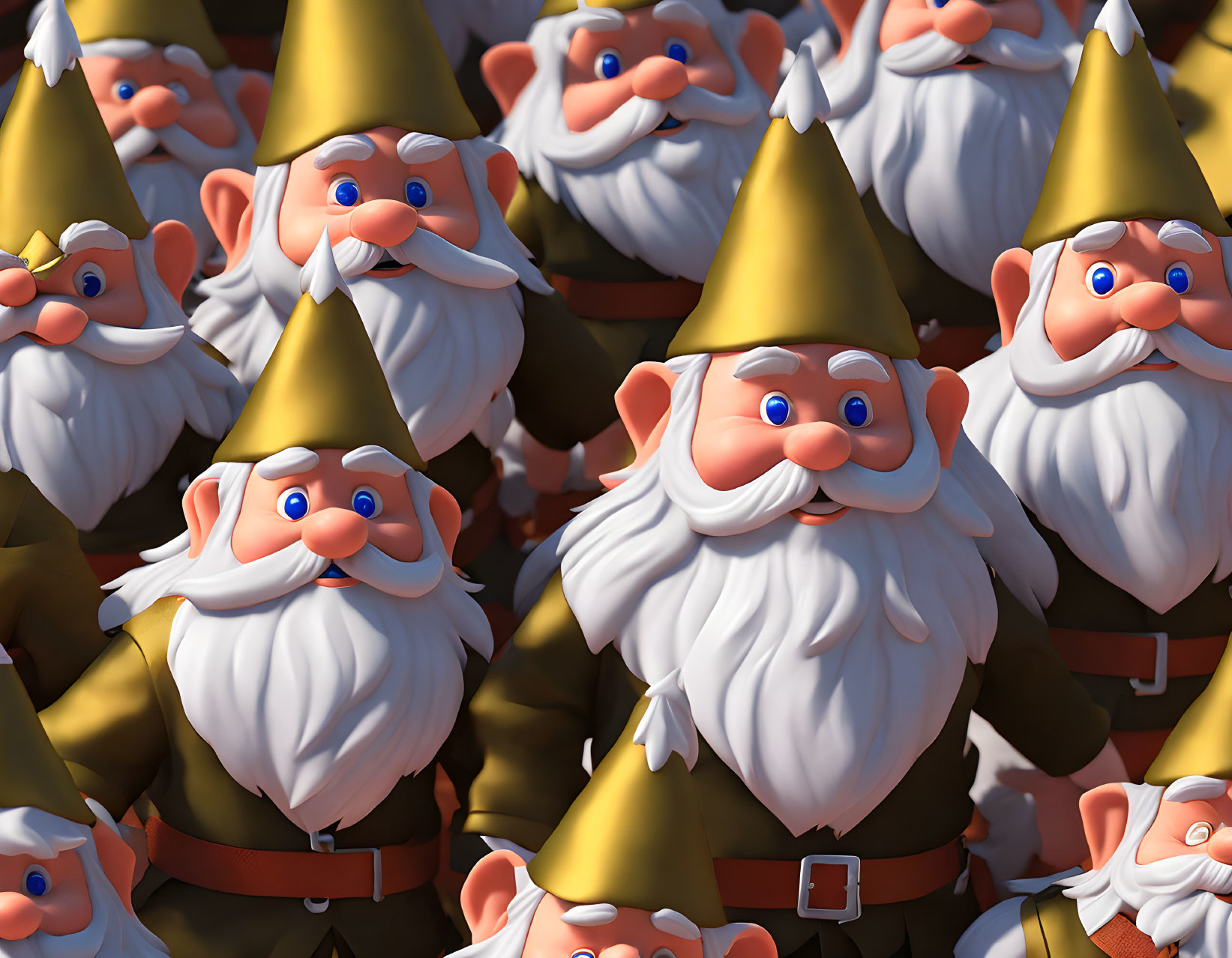 Identical garden gnomes with white beards and blue eyes