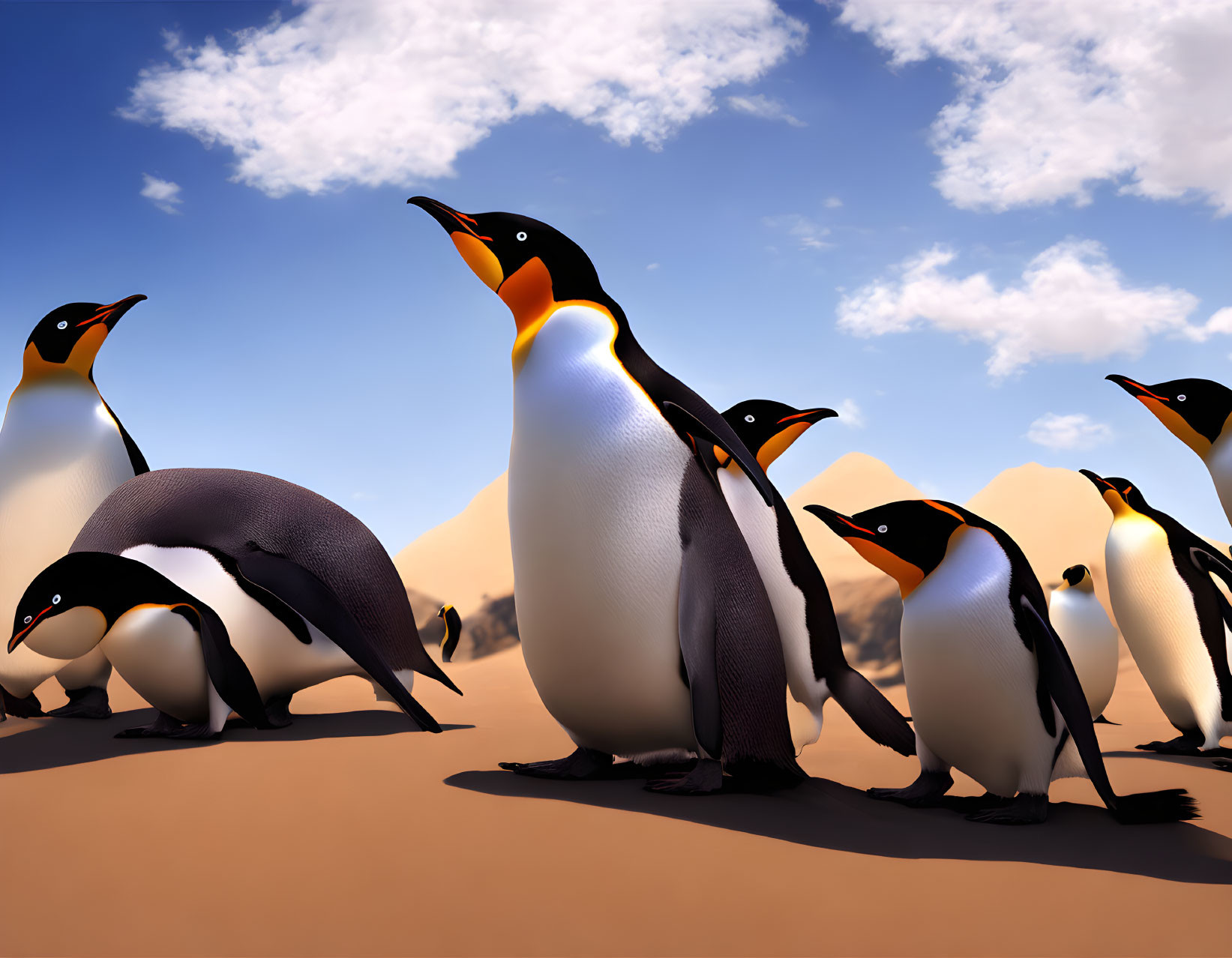 Animated penguins in desert landscape under blue sky