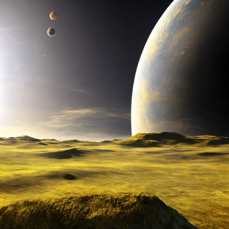 Barren landscape with rolling hills under starry sky and large planet.