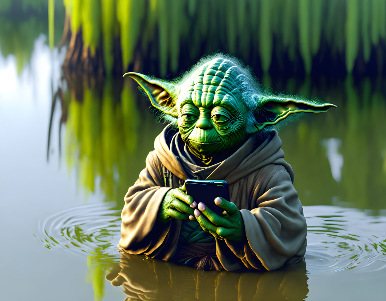 Digital artwork: Yoda submerged in water with smartphone, greenery backdrop