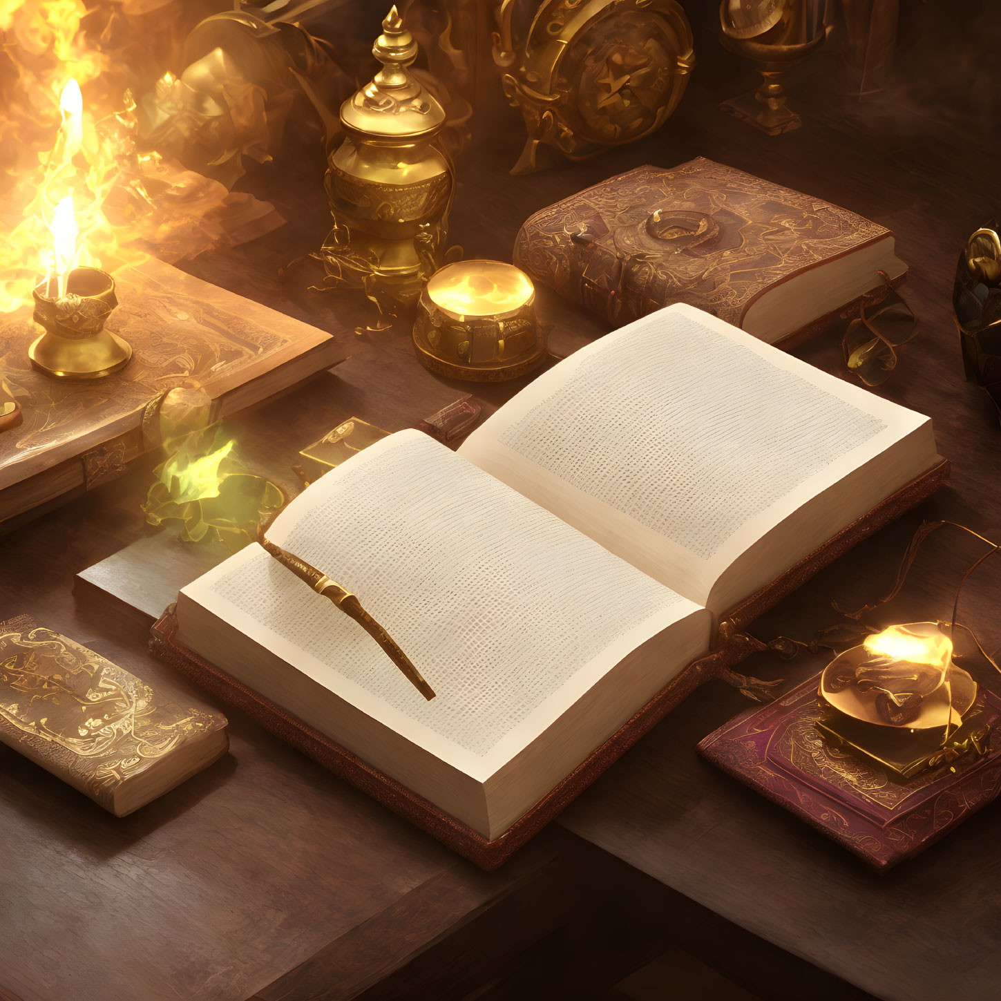 Mystical scene with ancient books, quill, inkwells, and magical candles on wooden