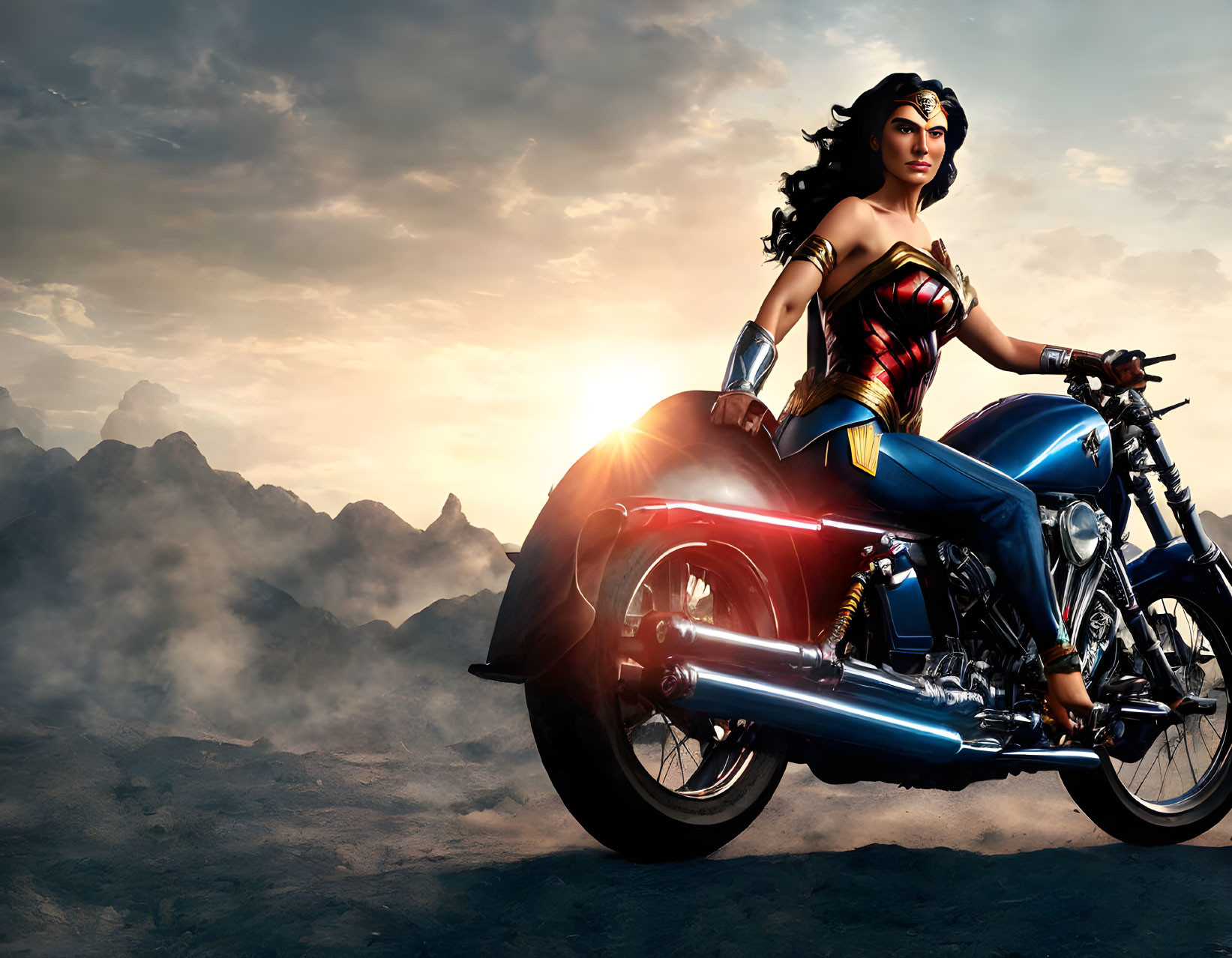 Superheroine in red and gold costume on motorcycle against dramatic backdrop