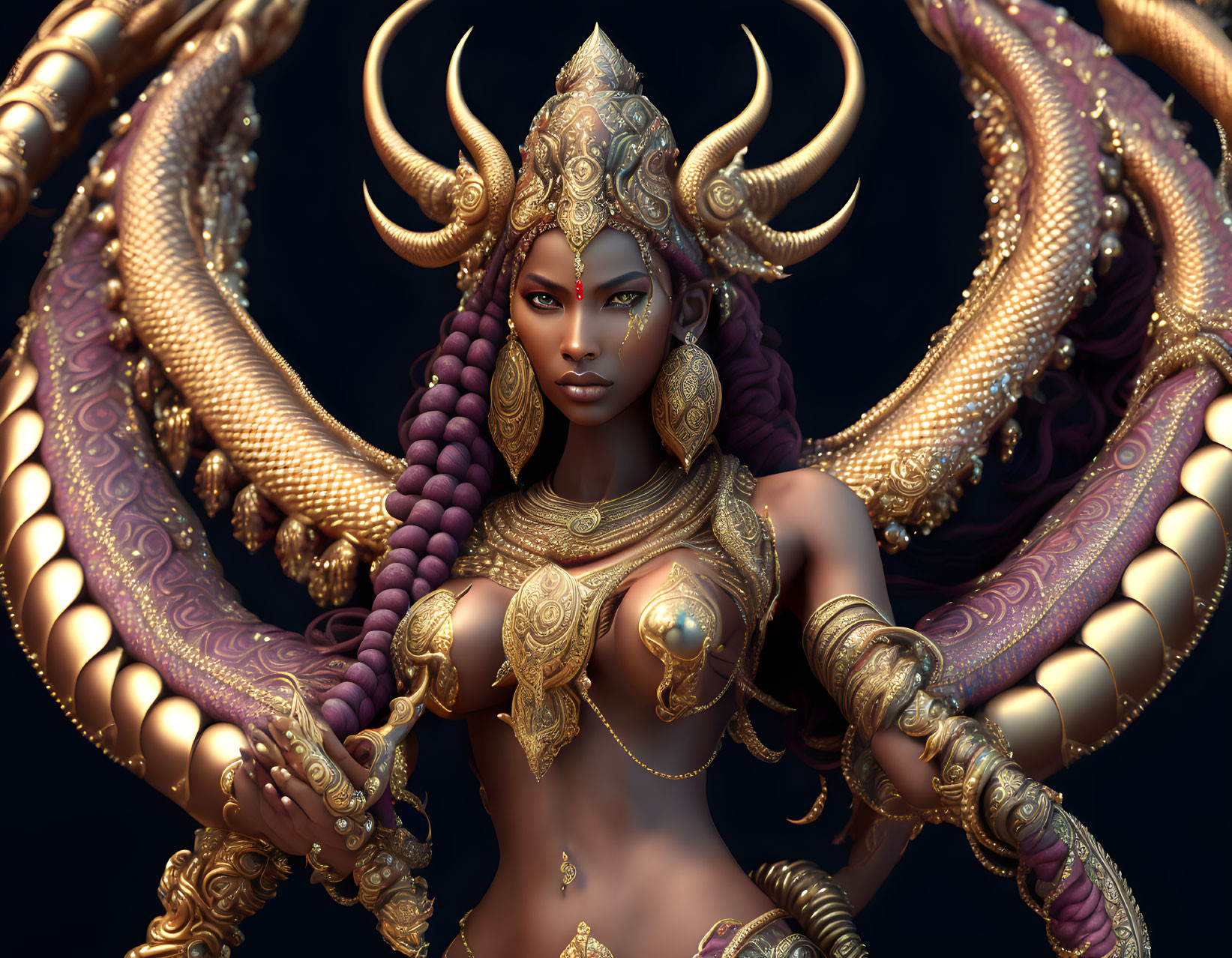 Fantasy figure in golden armor with horn-like appendages on dark backdrop