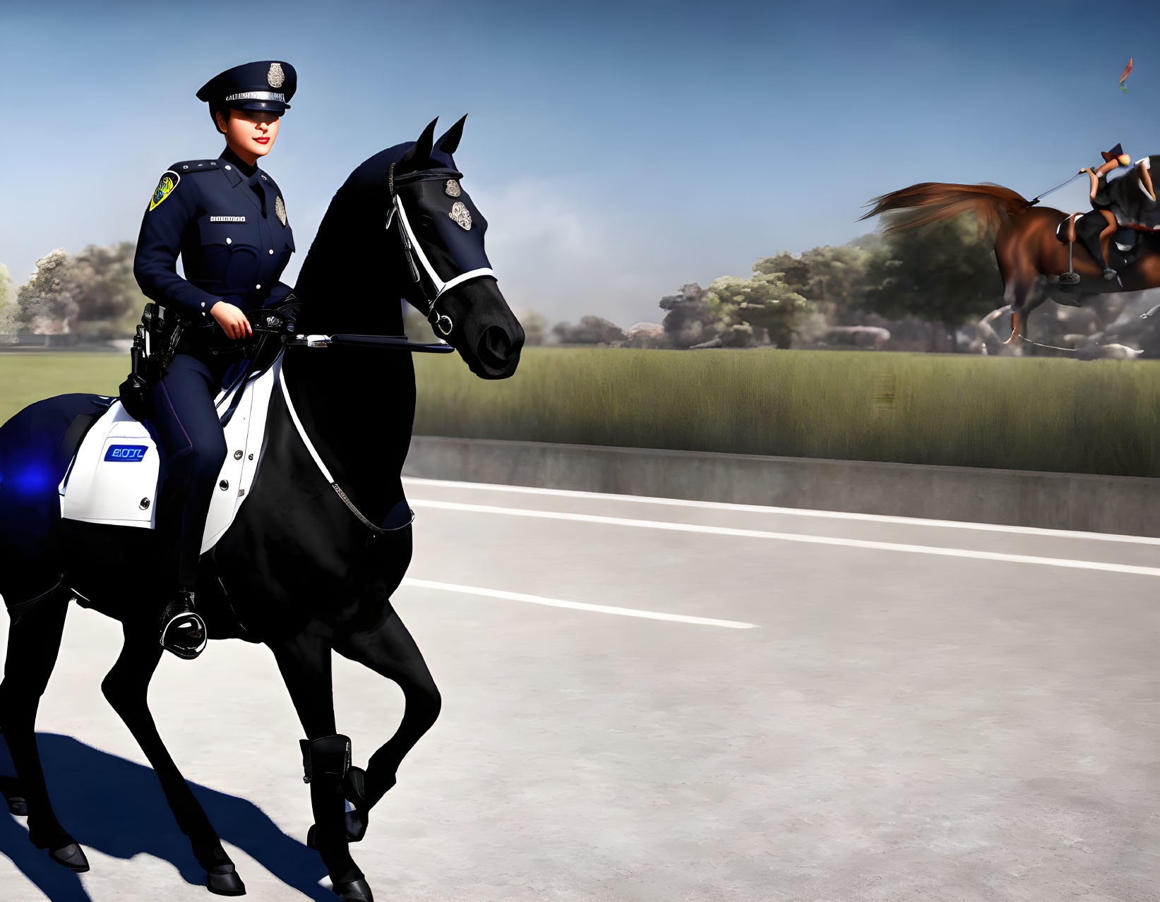 Police woman on horseback patrolling road with jumping horse in background