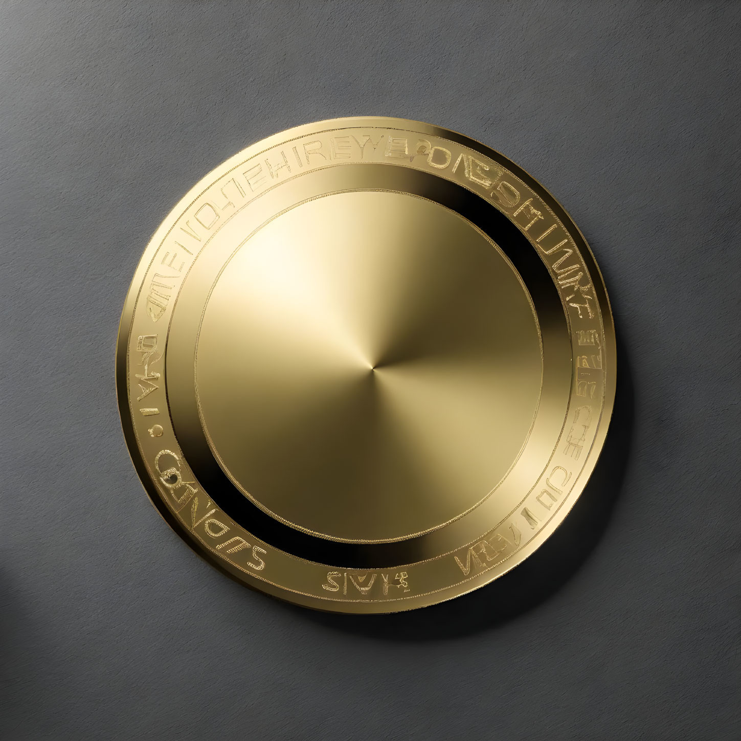 Golden coin with embossed lettering on textured dark surface