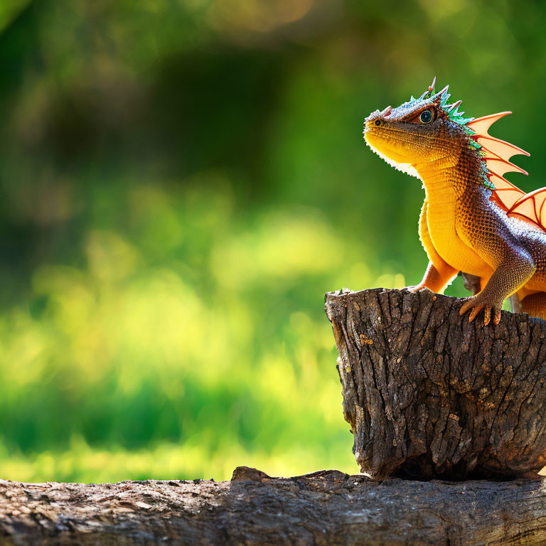 Colorful orange iguana with spiky crests on tree stump in green background