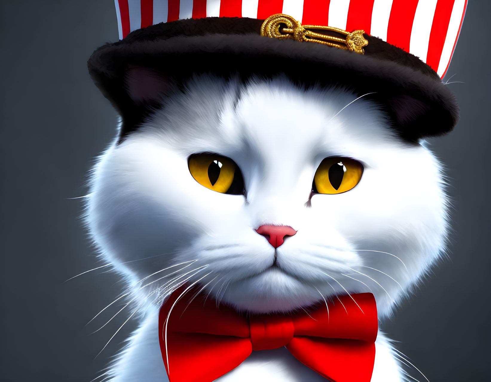 White Cat Digital Illustration with Yellow Eyes, Red Bow Tie, and Striped Top Hat