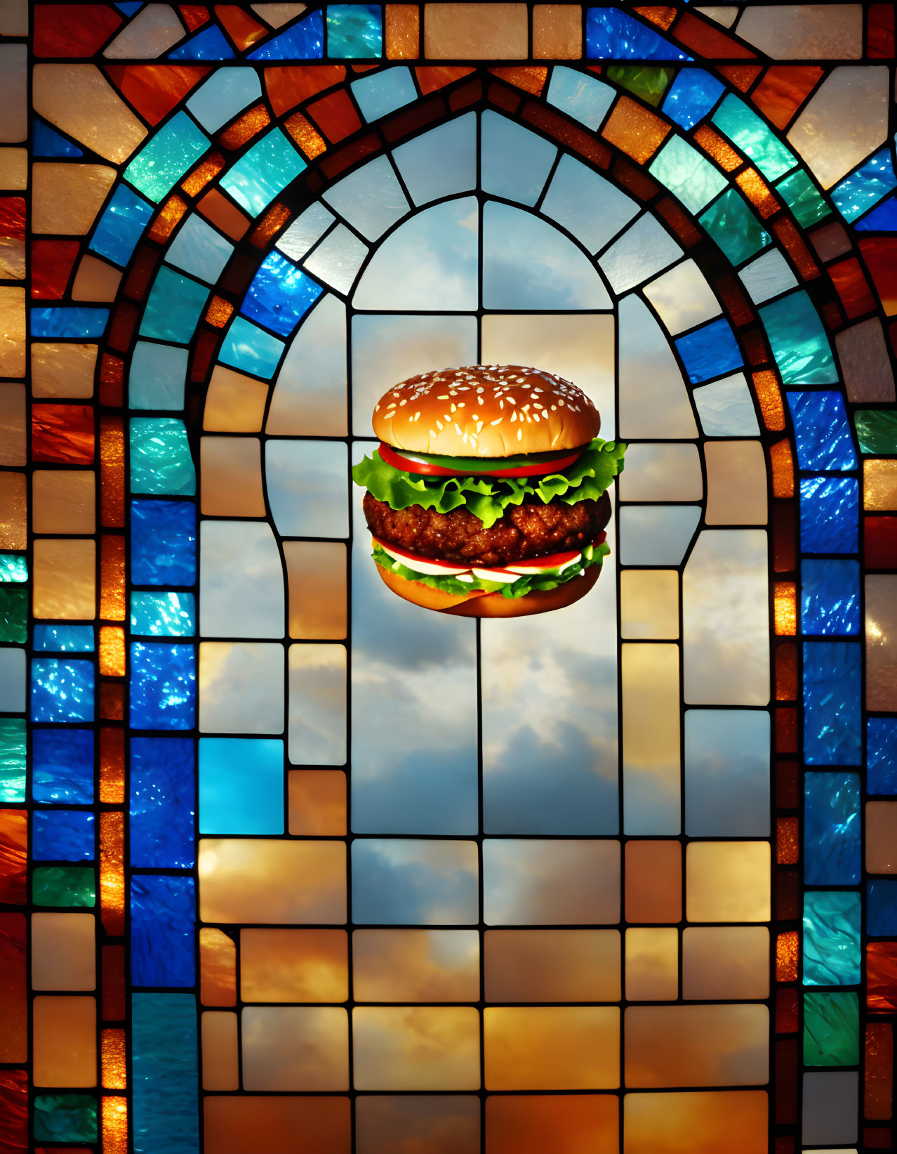 Colorful Stained Glass Window with Hamburger and Sky Theme