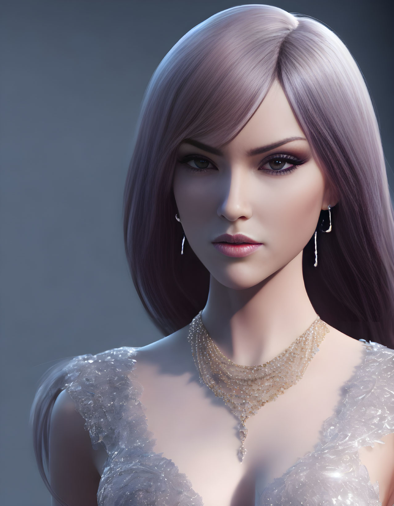 Portrait of woman with purple-tinted hair, earrings, and necklace