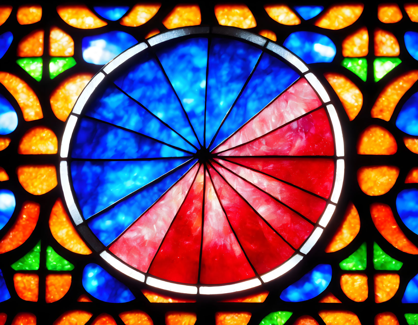 Circular Blue and Red Stained Glass Window with Kaleidoscopic Design