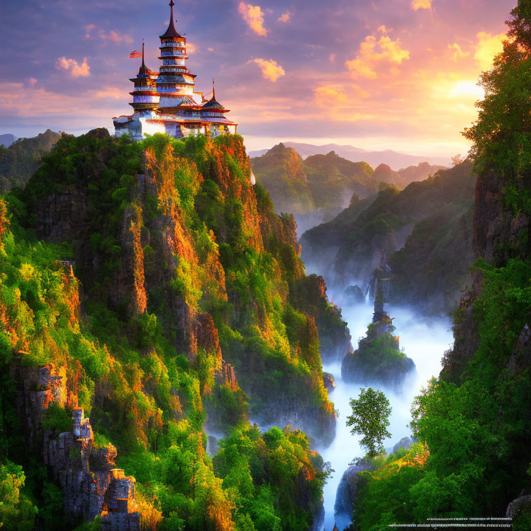 Traditional Pagoda on Misty Sunrise Mountain Range