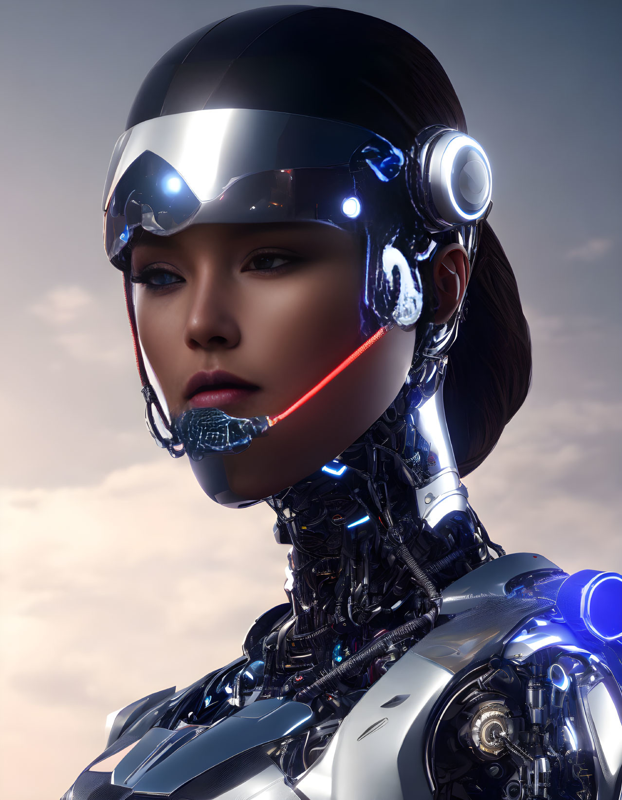 Female Android Digital Artwork with Glossy Helmet and Mechanical Neck Structure