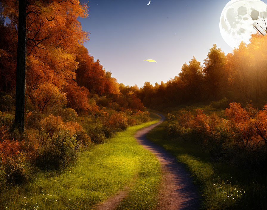 Autumn forest path under moonlit sky at twilight