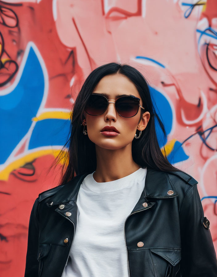 Woman in sunglasses and leather jacket against graffiti wall