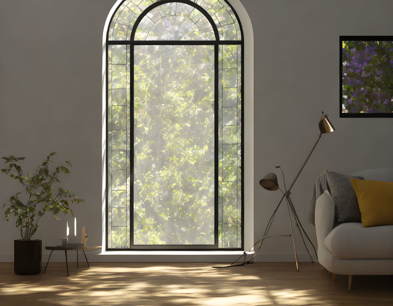 Tranquil living room with arched window, white sofa, plant, and soft lighting