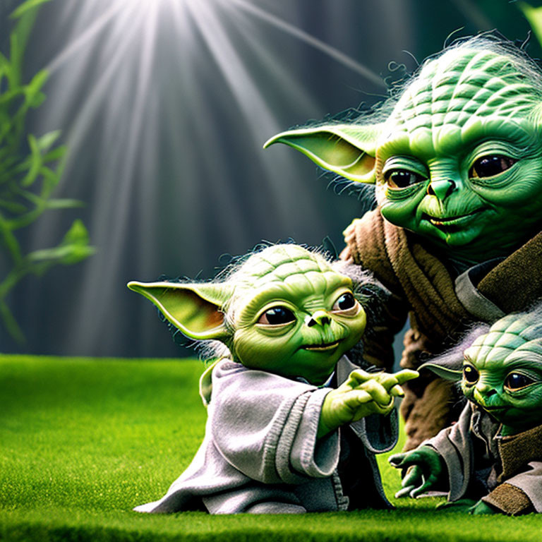 Three stylized Yoda characters in different sizes with bright light on grassy background