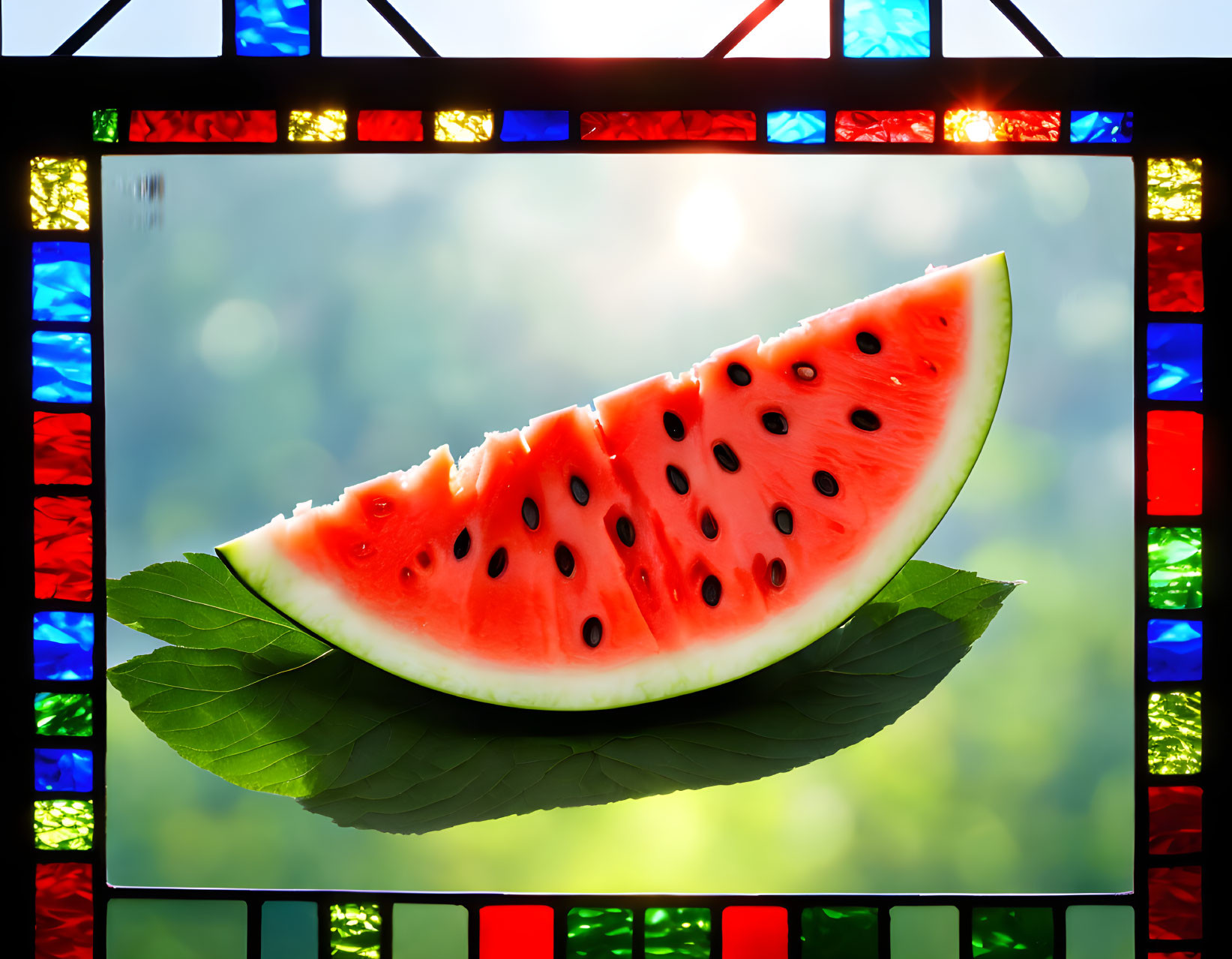 Ripe watermelon slice with seeds on green leaf against stained glass window