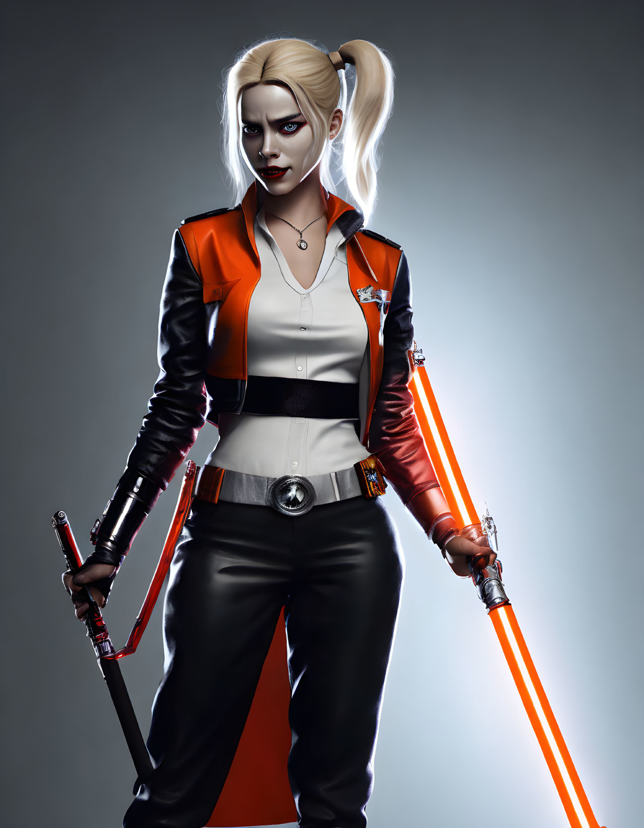 Blonde woman with pigtails in orange jacket wielding red lightsabers