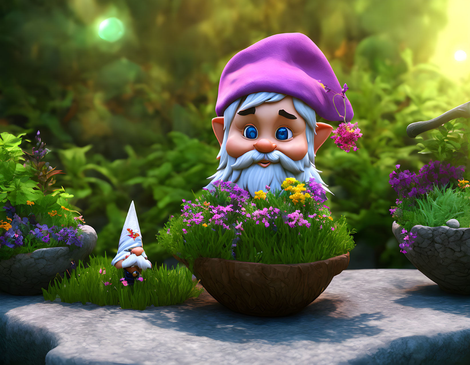 Colorful digital artwork featuring whimsical gnomes in garden setting