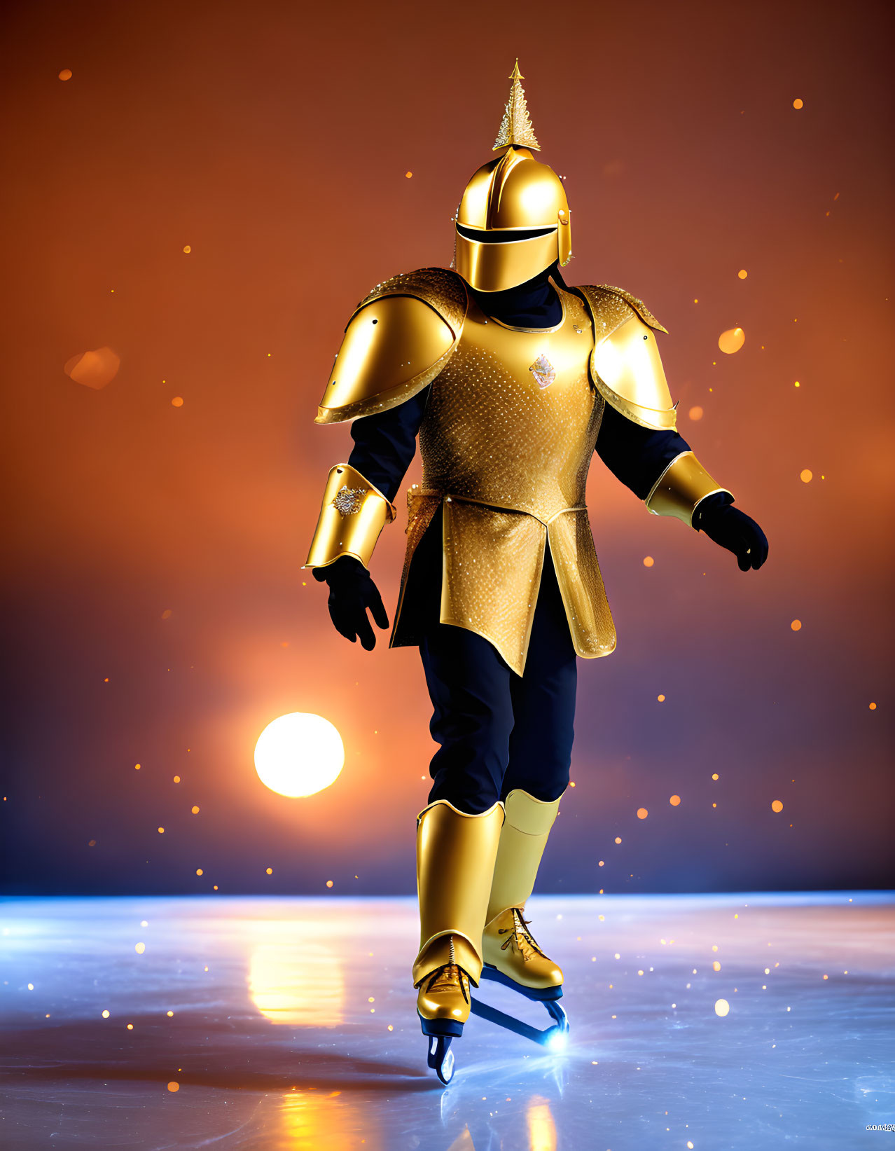 Golden Armored Figure Ice Skating in Glowing Setting