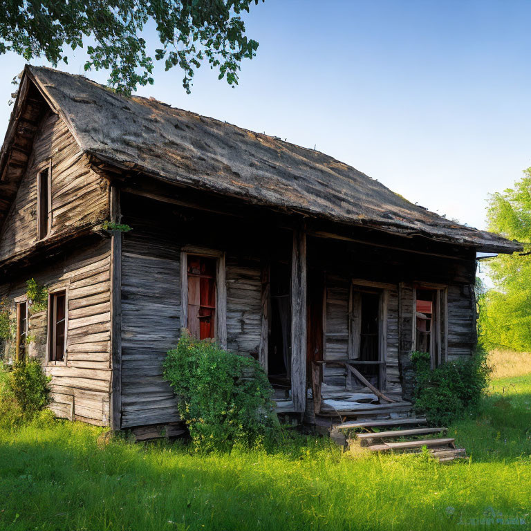 Weathered wooden house with red windows, surrounded by overgrown grass