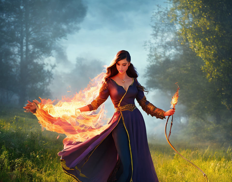 Medieval woman casting fire magic in misty forest at dusk