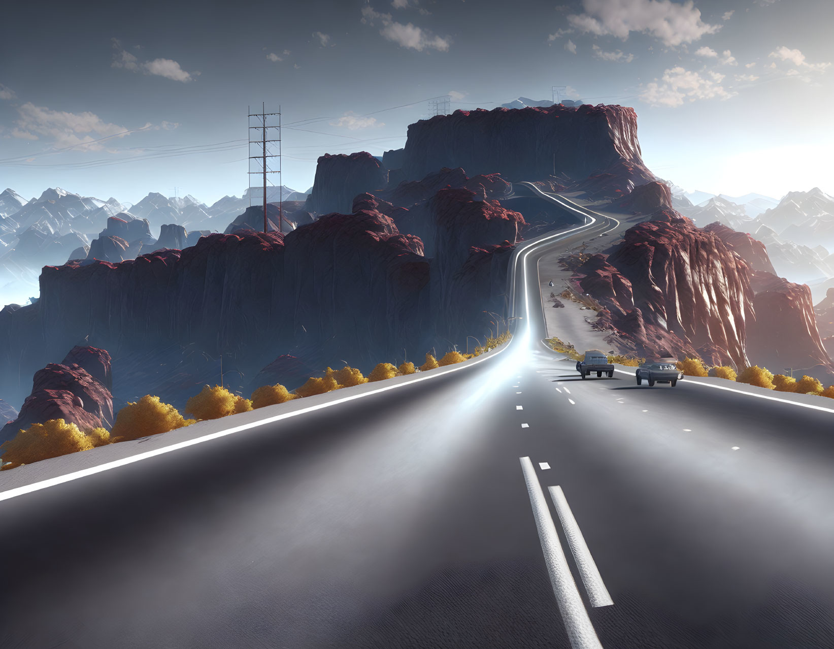 Highway winds through rugged mountain landscape with towering mesa under cloudy sky