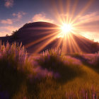 Vibrant sunset over mountain peaks and purple flowers