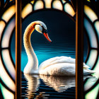 Swan in water framed by ornate stained glass window