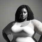 Monochrome image of confident plus-sized woman with curly hair posing.