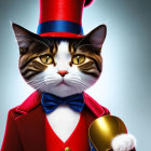 Illustration of cat with amber eyes in red coat, blue hat, bow tie, and monocle