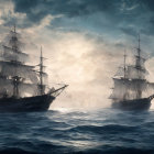 Tall ships on tumultuous sea with two moons and misty sun