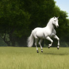 Majestic white horse running in sunny field with green trees