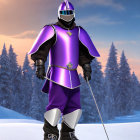 Purple-armored knight skiing on snowy hillside at twilight