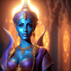 Blue-skinned female figure with golden jewelry and glowing orbs on warm background