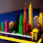 Vibrant LEGO Cityscape with Skyscrapers and Riverfront at Dusk