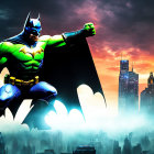 Stylized Batman illustration in dynamic pose at dusk