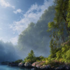 Tranquil river in misty forest with dappled sunlight